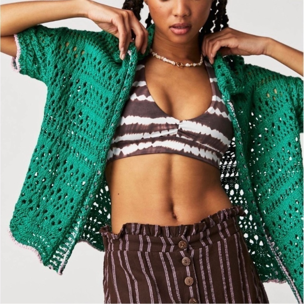 FREE PEOPLE Santa Cruz Club Shirt Golf Green Pink Combo Crochet Grannycore XS - Picture 2 of 16